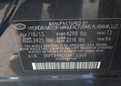 2013 Hyundai Sonata Gls из США, поврежденный, VIN 5NPEB4AC0DH731908